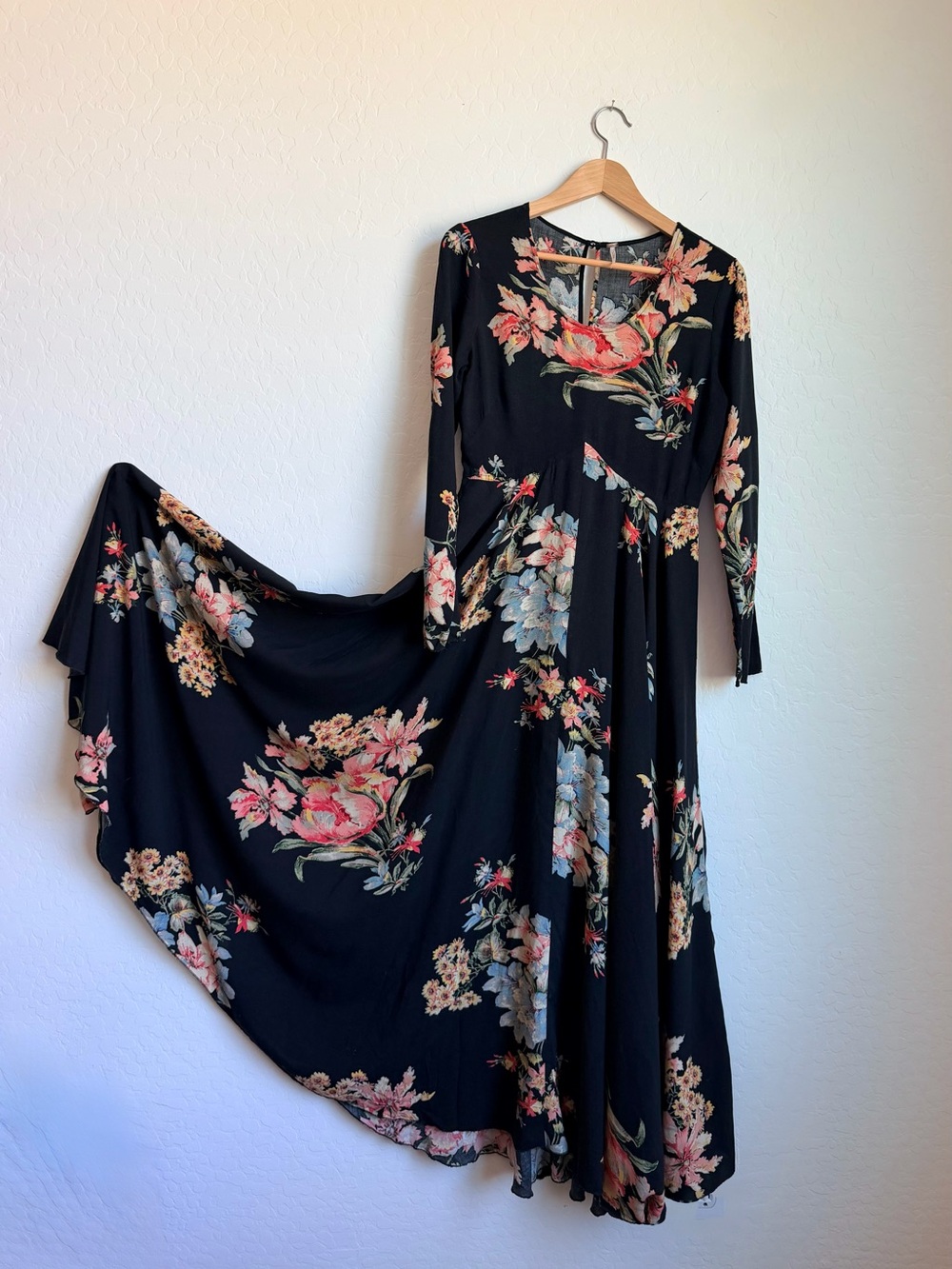 Free People Floral Maxi Dress - Black with Pink & Cream Blossoms